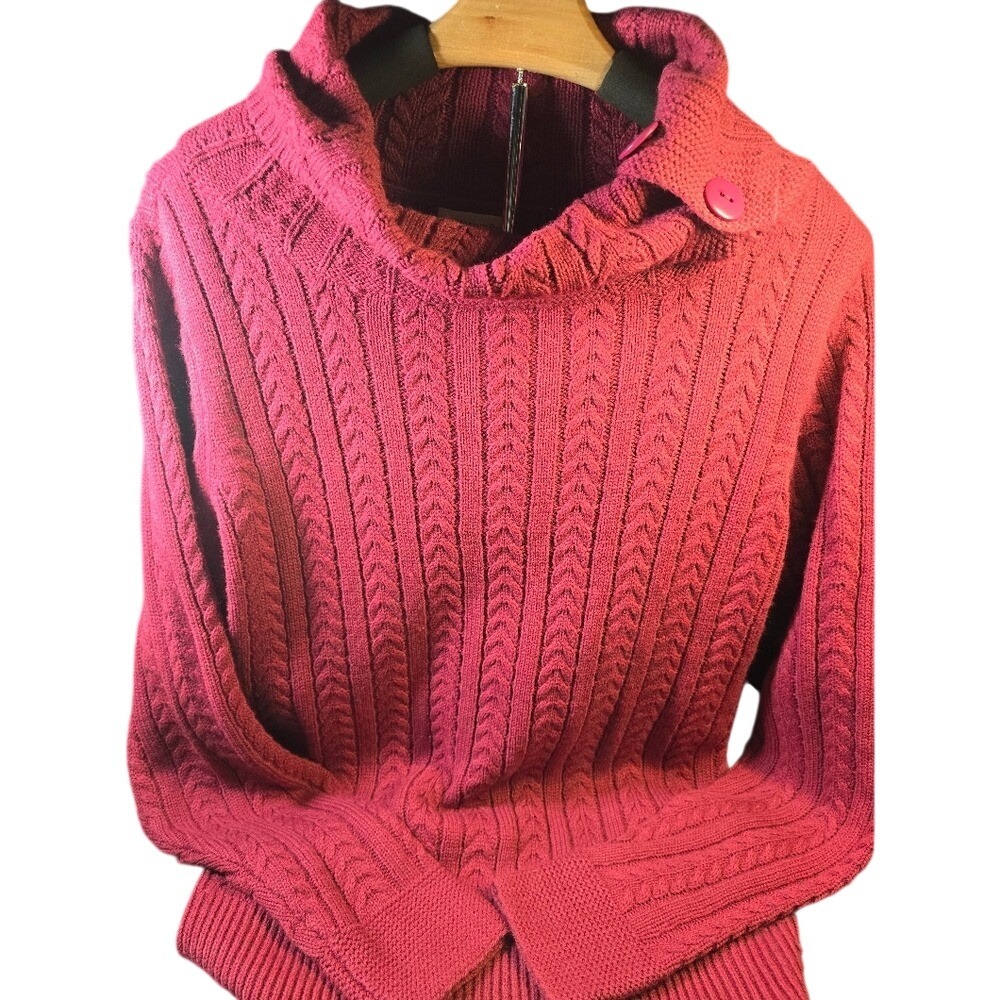 St Johns Bay Womens Pink Cable‎ Knit Cowl Neck Button Sweater Large